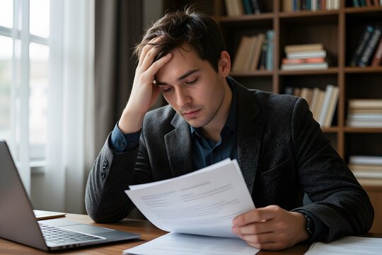 Overworked businessman at home office looking at paper document holding hand on his head feeling hopeless trying to find solution for given problem working too hard need break for better concentration