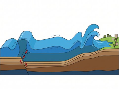 Educational diagram illustrating ocean wave formation caused by tectonic plate movement and underwater earthquake with tsunami formation tectonic plates geology diagram seismic activity water wave