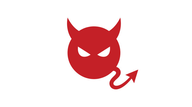 Minimalist red devil icon featuring sharp horns and a curved tail against a white background