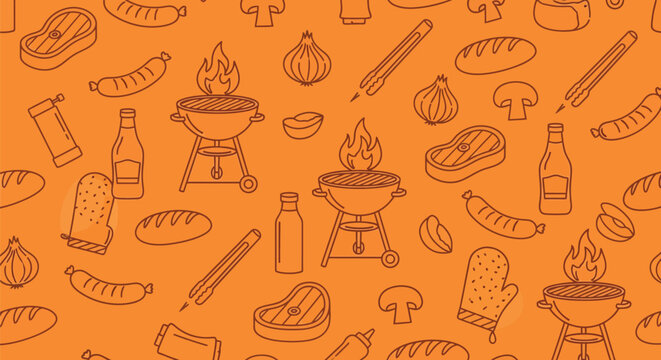 Barbecue and grilling seamless pattern on orange background with outline icons of meat sausages onions tools and charcoal grills for summer cookout fun.