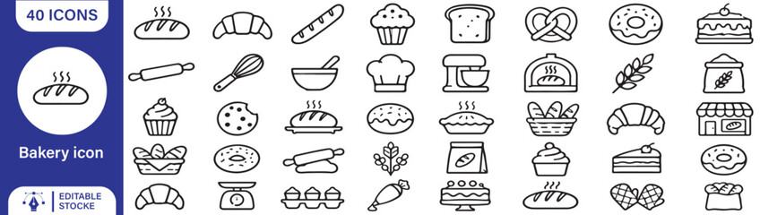 40 Bakery Vector Outline Icons Set – Bread, Pastry, Cake, Cupcake, Donut, Croissant and Baking Line Symbols Collection © Chandan