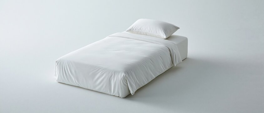 Minimalist single size bed with clean crisp pure white linen bedding set on plain neutral light gray background modern simple bedroom interior peaceful sleep and hospitality industry concept