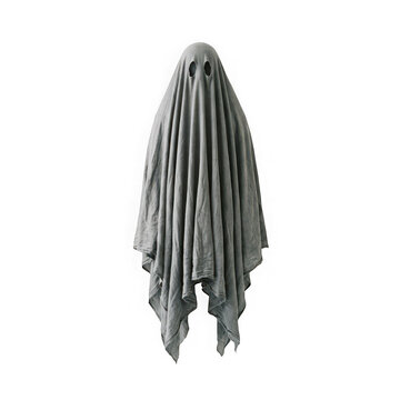 A spooky ghost costume made of a grey sheet isolated on transparent background