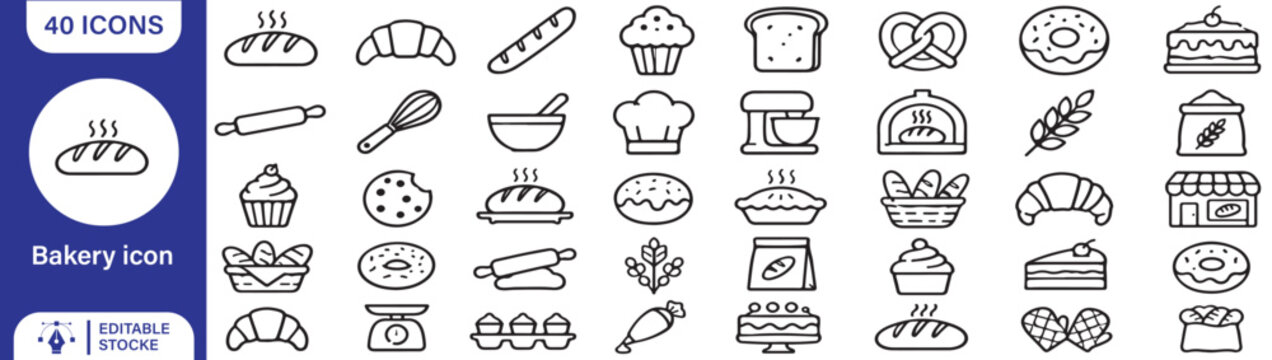 40 Bakery Vector Outline Icons Set &ndash; Bread, Pastry, Cake, Cupcake, Donut, Croissant and Baking Line Symbols Collection
