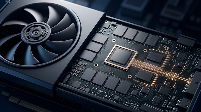 Close up of computer graphics card circuit board with fan