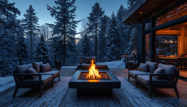 Cozy Luxury Cabin With Outdoor Fire Pit Surrounded by Snowy Forest in Winter