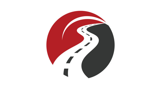 Winding asphalt road symbol featuring a circular design with bold red and black graphic elements