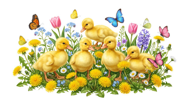 Watercolor ducklings in spring meadow, yellow baby ducks with garden flowers and butterflies, cute farm animals in nature