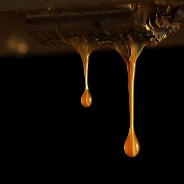 Thick golden liquid dripping from a metallic edge against a solid black background close up