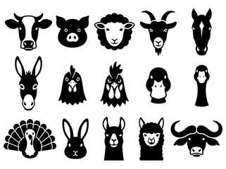 Naklejka premium Minimalist Farm Animal Head Icon Set
