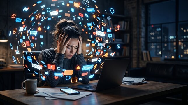 A conceptual representation of notification overload, constant digital stimulation, smartphone dependency, and stress caused by excessive connectivity.