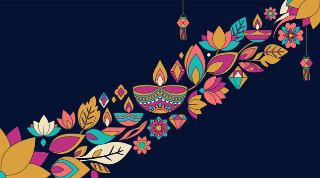 Colorful floral pattern with traditional oil lamps for the celebration of the hindu festival diwali