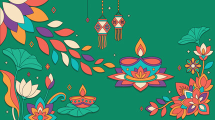 Obraz premium Beautiful decorative illustration featuring traditional diya lamps and colorful floral patterns for the diwali festival celebration