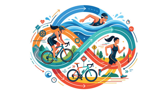 Triathlon athletes swimming cycling and running in a dynamic infinity loop composition.