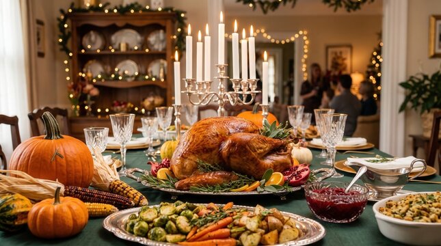 Whole roasted turkey sits on a silver platter for a Thanksgiving feast. Whole roasted turkey serves as the main course alongside autumn pumpkin and roasted vegetable side dish in a cozy room.