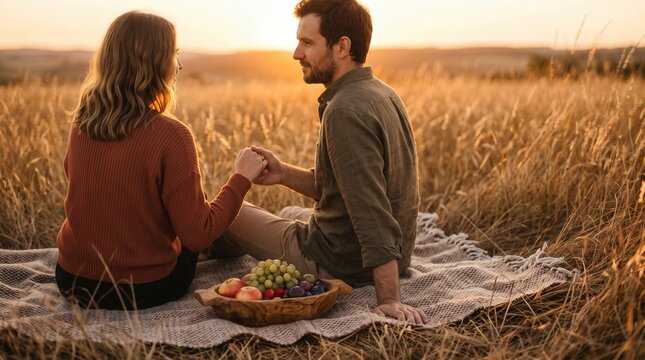 Young romantic couple sitting on a blanket and holding hands in a golden meadow at sunset. Young couple enjoys a peaceful picnic with fresh fruit during a summer date in a rural field.