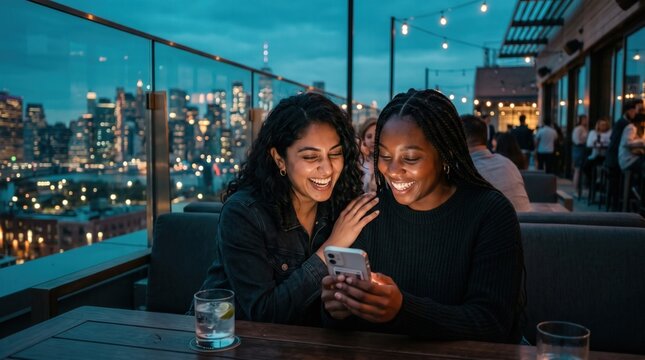 Two diverse women laugh while looking at a smartphone on a rooftop bar with a city skyline view. Two women share social media on mobile phone during a social night out with city lights.