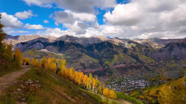 Golden aspen trees overlooking Telluride Colorado in autumn