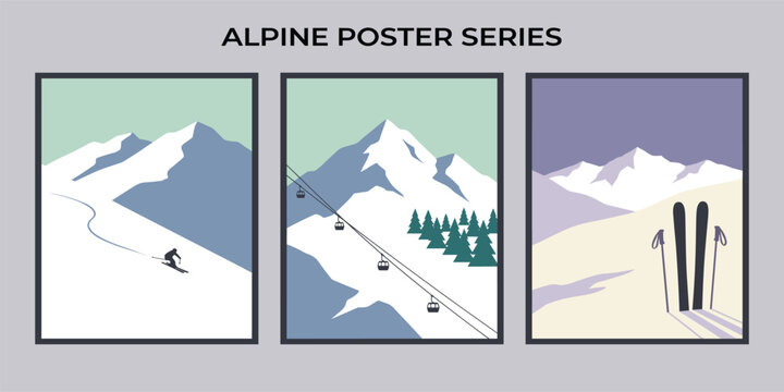 Modern retro ski posters, snowboard art prints