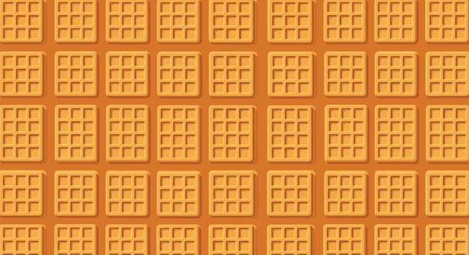 Breakfast waffle pattern background with sweet square dough texture in warm orange colors as delicious food concept for bakery menu and kitchen wallpaper art.