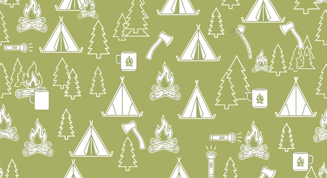 Outdoor camping adventure pattern on olive green background with line icons of tents pine trees campfires and axes for summer vacation and hiking lifestyle.