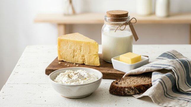 Rustic breakfast composition with cheese, fresh milk, butter, and a slice of bread on a wooden board