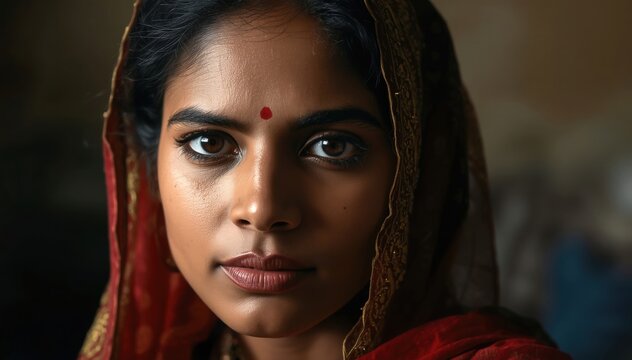 A close-up portrait of a woman with a red bindi and traditional headscarf, gazing directly with a calm and confident expression.
