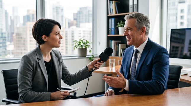 Journalist interviewing a professional businessman in a modern office boardroom setting