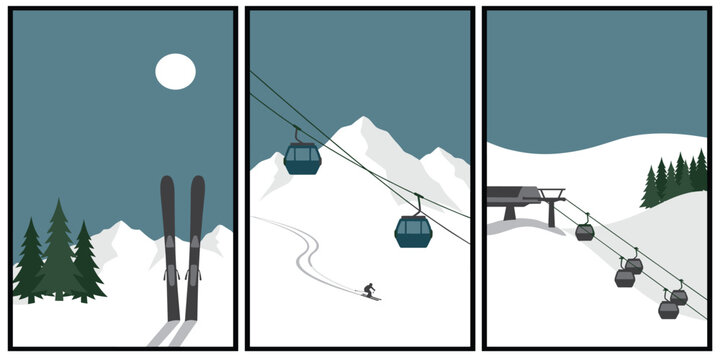 Modern retro ski posters, snowboard art prints