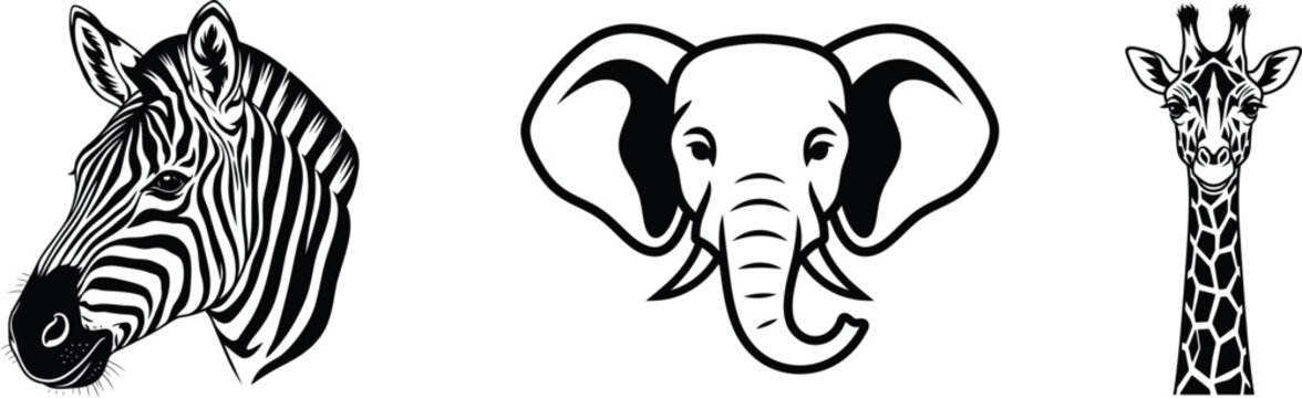 Set of black and white line art illustrations featuring a zebra head an elephant head and a giraffe