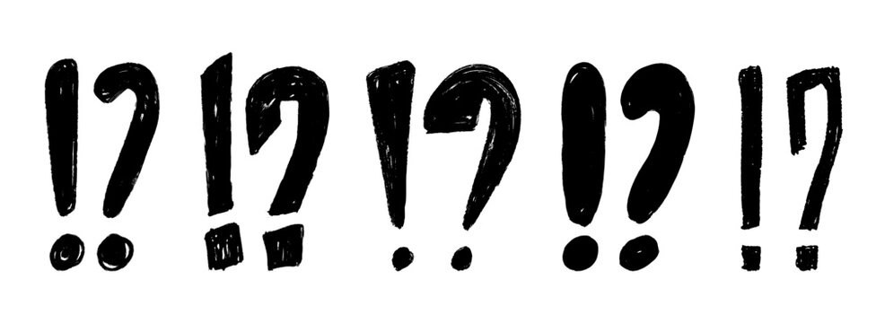 Hand drawn exclamation points and question marks set. Black crayon doodle punctuation symbol collection. Rough brush stroke sketched important warning sign pack. Vector charcoal note design elements