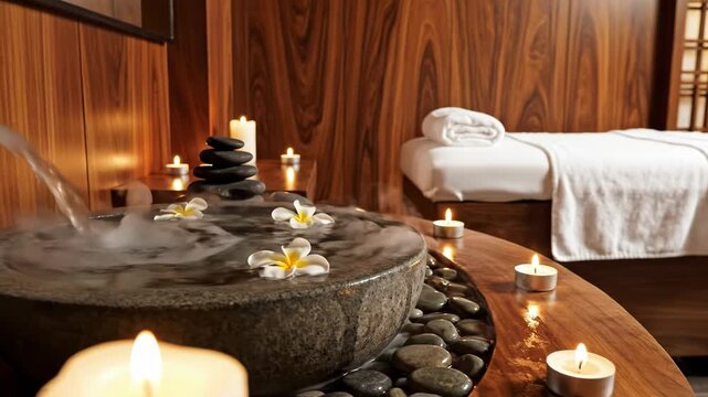 Modern luxury spa interior featuring wooden walls, a massage table with white towels, and a decorative stone basin with floating frangipani flowers and burning candles.