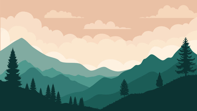 Flat landscape background with green mountain ranges, pine forest silhouette, clouds, and soft sunset sky, nature scenery vector illustration for banner, wallpaper, poster.