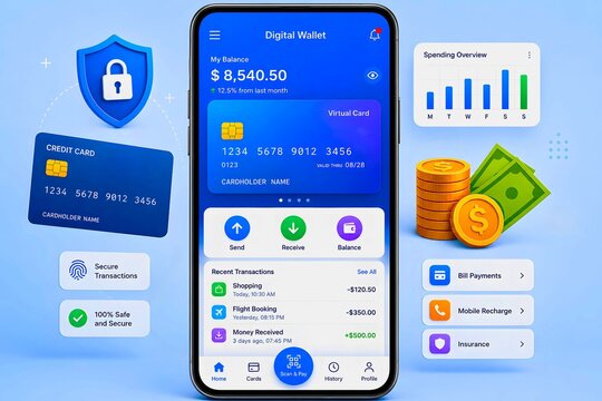 Digital wallet app screen with balance and payment cards