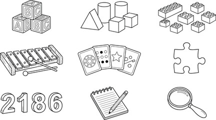 Early childhood education and preschool development learning elements set featuring building blocks alphabet numbers and educational games © MdAnarulIslam