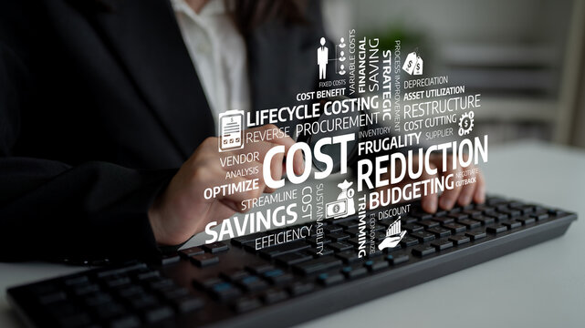 A focused business professional types on a keyboard, surrounded by key terms related to cost reduction and budgeting. The image emphasizes efficiency and strategic planning. Tessel