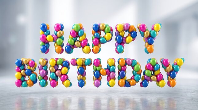Multi-colored small balloons are arranged to form the words happy birthday against a white.
