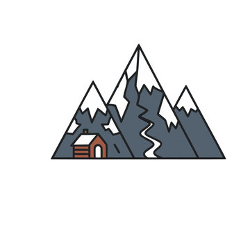 Mountain landscape with cabin and river