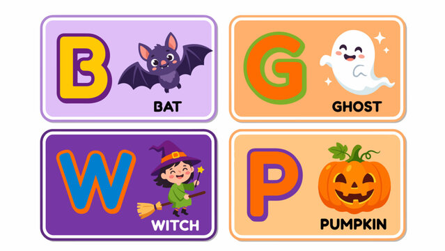 Halloween educational flashcards with cute alphabet letters, bat, ghost, witch, and pumpkin for kids learning