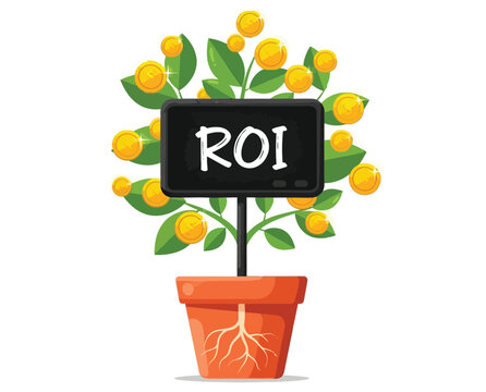 Money tree with gold coins symbolizing return on investment growing in pot with sign roi illustration.