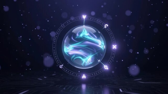 Glowing energy orb with magical rune ring and electric lightning