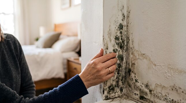 Woman touching black mold and damp wall damage in bedroom interior high resolution
