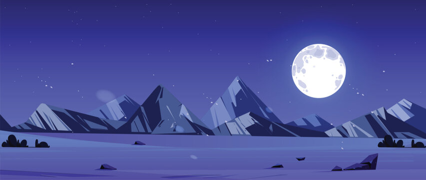 Night mountain landscape background with full moon, starry sky, rocky hills, and desert plain, dark blue nature scenery vector illustration for game background, banner, poster.