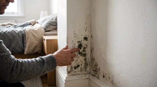 Man inspecting black mold and damp damage on white wall in bedroom, high resolution
