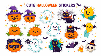 Obraz premium Set of cute Halloween stickers featuring friendly ghosts, smiling jack-o-lanterns, black cats, and bats