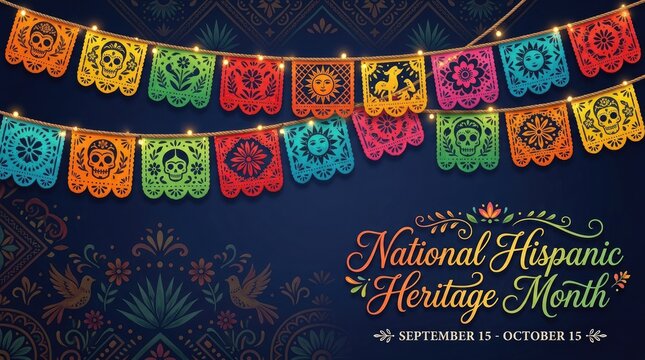 National hispanic heritage month celebration banner with colorful papel picado and decorative patterns