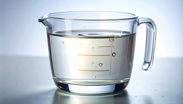 Clear glass measuring cup with water on white surface.