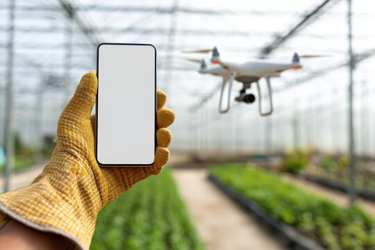 A farmer holding a smartphone with a blank screen while a drone flies in a greenhouse. Use this smart agriculture image for modern farming tech ads.