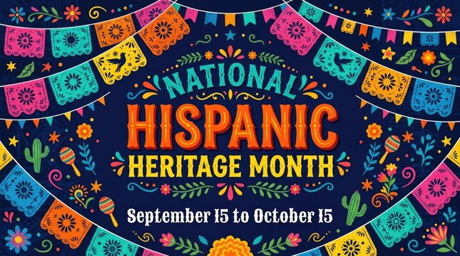 National hispanic heritage month celebration background with colorful papel picado and maracas