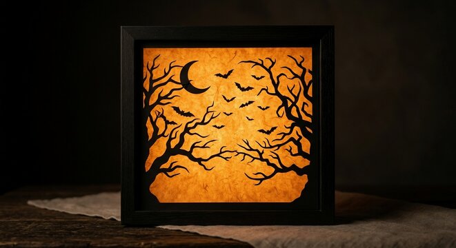 Spooky Halloween shadow box craft with paper bats and crescent moon silhouette